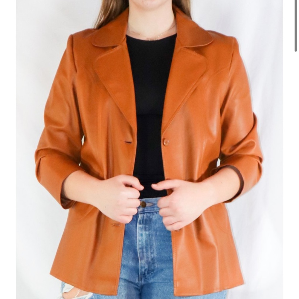 Vintage 90s Faux Leather Camel Blazer Jacket